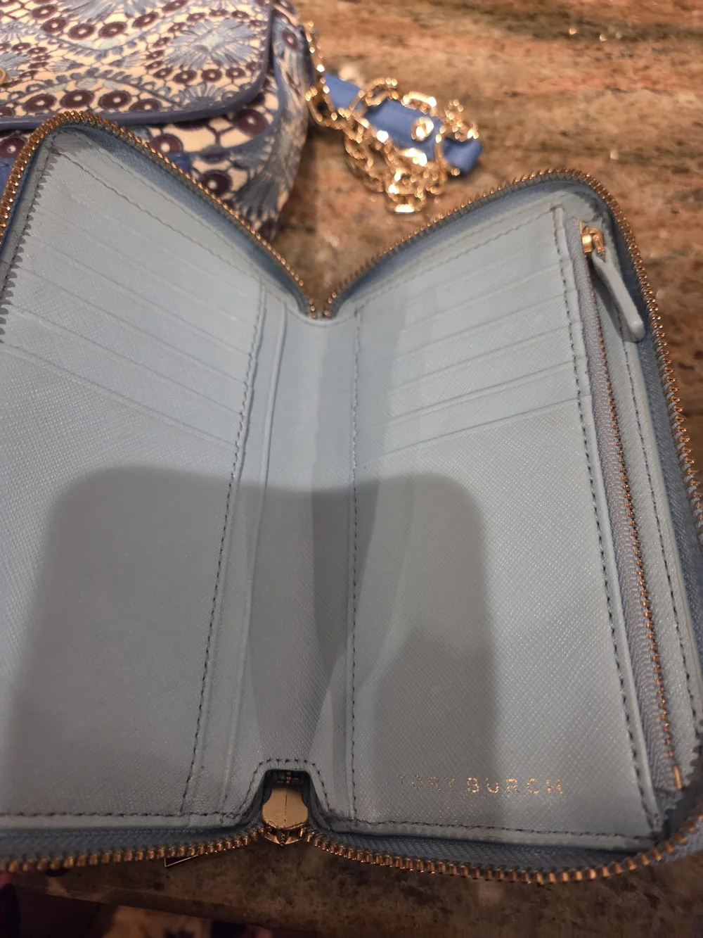 Tory Burch Light Blue Patterned Crossbody Bag With Chain  And Wallett